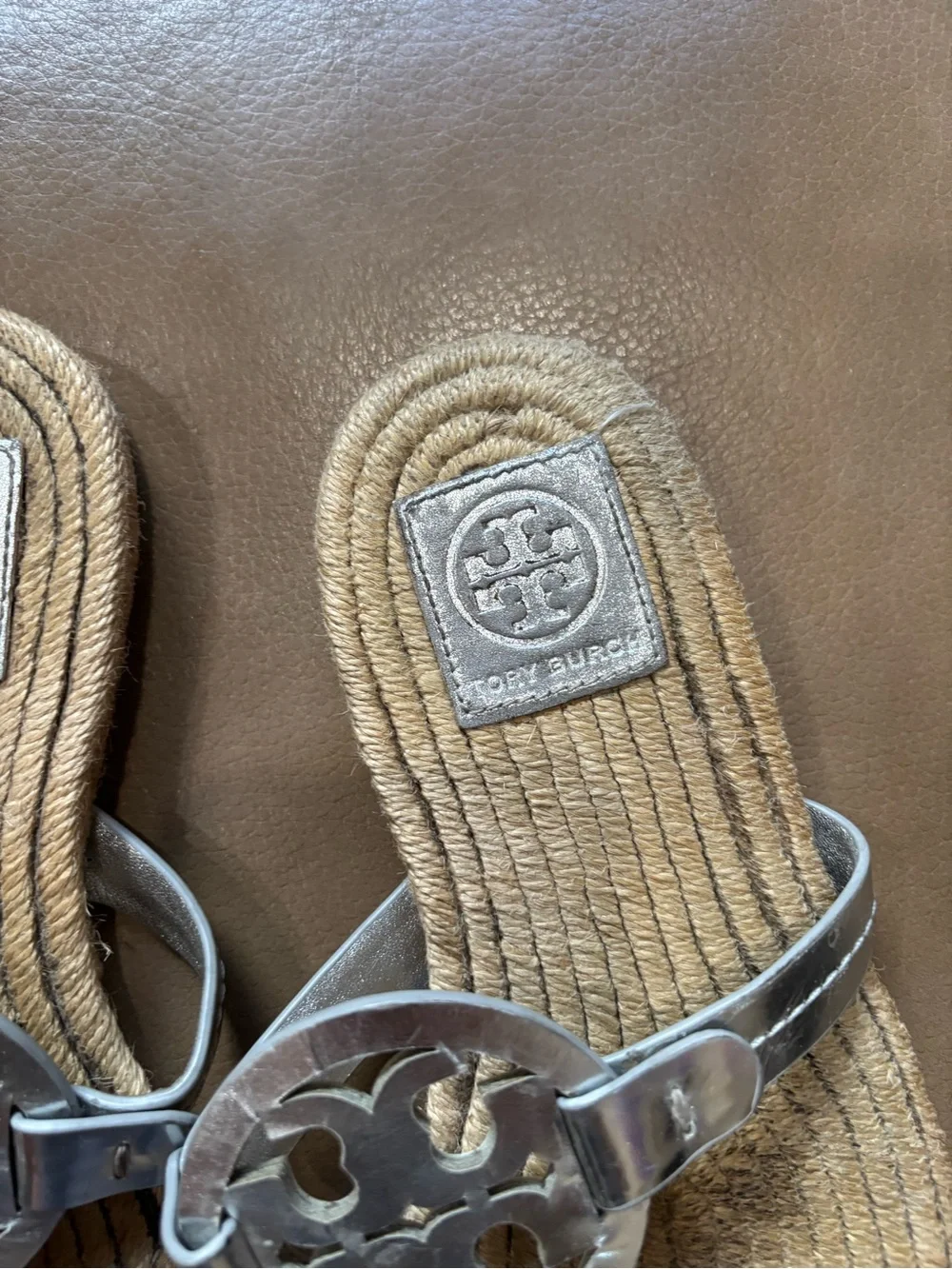 Tory Burch Metallic Silver Logo Rope-Trim Thong Sandals